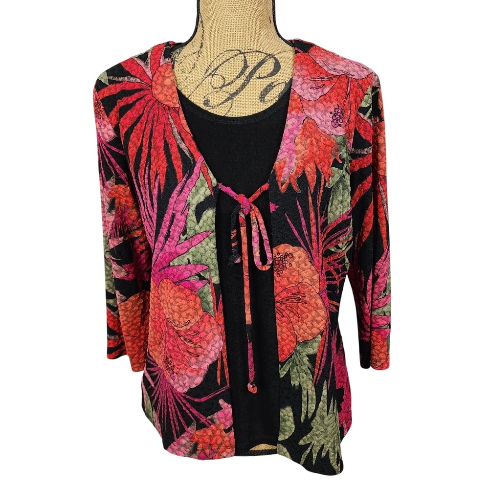 Vintage 90s WEST END Size Medium Textured Layered Multicolor Hibiscus Blouse EUC
